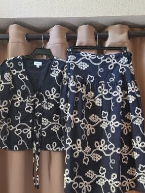 CeCe Navy and Cream Blouse And A-Line Skirt Set